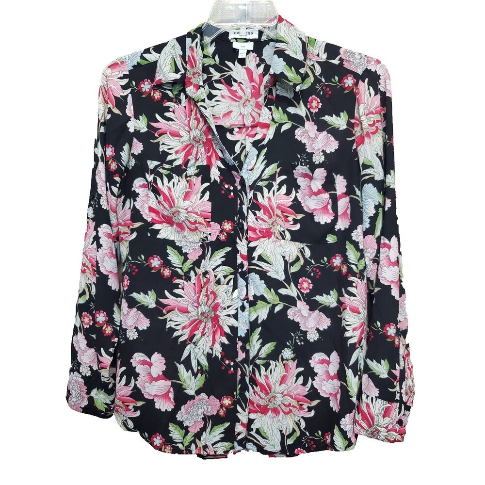 Express Portofino Slim Black Floral Roll-Tab Sleeve Button-Up Shirt Size Large